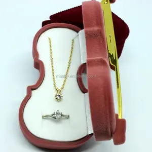 Flock Velvet Ring Pendant Necklace Jewelry Gift Display Box Case Violin Style Jewelry Box