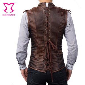 <span class=keywords><strong>Gilet</strong></span> corset <span class=keywords><strong>sans</strong></span> manches en coton rayé à col montant marron pour <span class=keywords><strong>homme</strong></span>, veste steampunk, vêtements gothiques pour <span class=keywords><strong>homme</strong></span> - Product Image 3