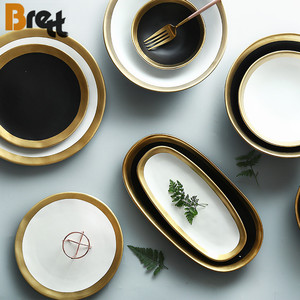 <span class=keywords><strong>Set</strong></span> di stoviglie in ceramica eco-friendly in stile europeo Brett bianco <span class=keywords><strong>e</strong></span> nero piatto da pranzo ristorante con bordo in <span class=keywords><strong>oro</strong></span> - Product Image 3