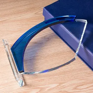 Troféu de vidro de cristal de cor transparente azul, venda imperdível