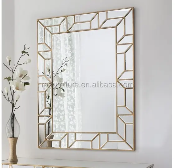 Top Mirror Rectangle Frameless Venetian Wall Mirror with Gold Trimming for Bedroom Hotel or Living Room