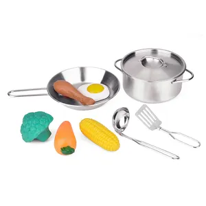 Pretend kitchen play tableware set mini stainless steel cookware toy kitchen set toy with food