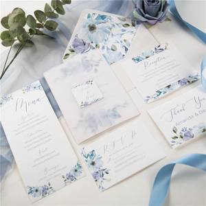 Carte d'invitation de mariage luxueuse en aquarelle bleu <span class=keywords><strong>français</strong></span>, motif floral, avec pochettes en papier vélin - Product Image 5
