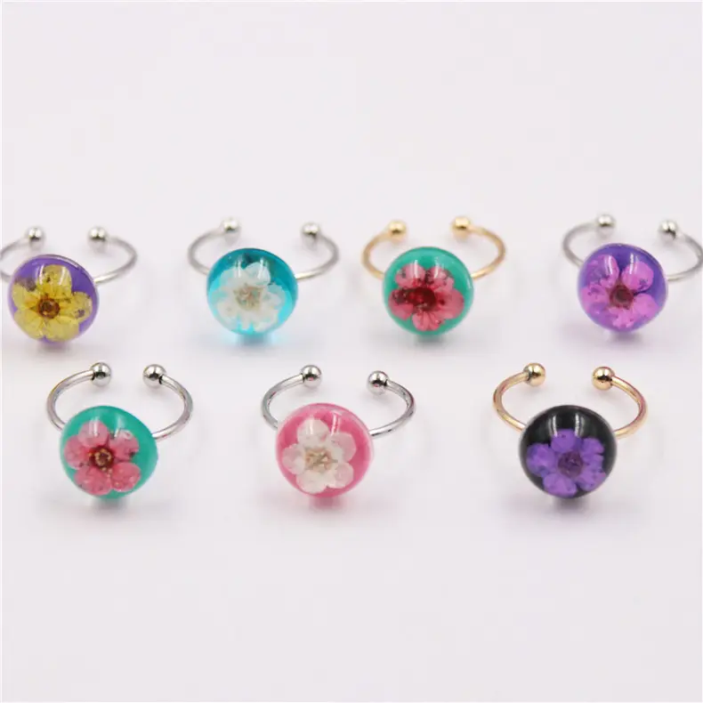 High Quality Kids Finger Rings With Dry Flower Ring Adjustable Resin Jewelry Rings For Kids