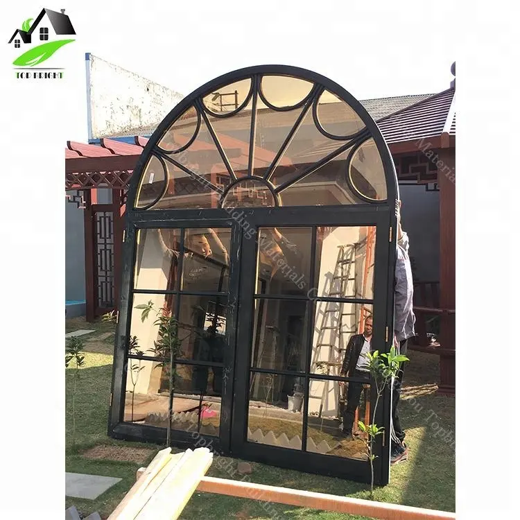 American hot style french window glass top round grid Aluminum Alloy arch swing out casement window