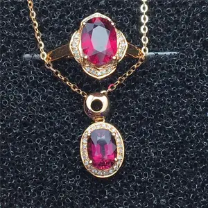 Nieuwe Aankomst dubai 18 k rose Gold Zuid-afrika real diamond natuurlijke rode toermalijn hanger ketting ringen Ketting Sieraden Set