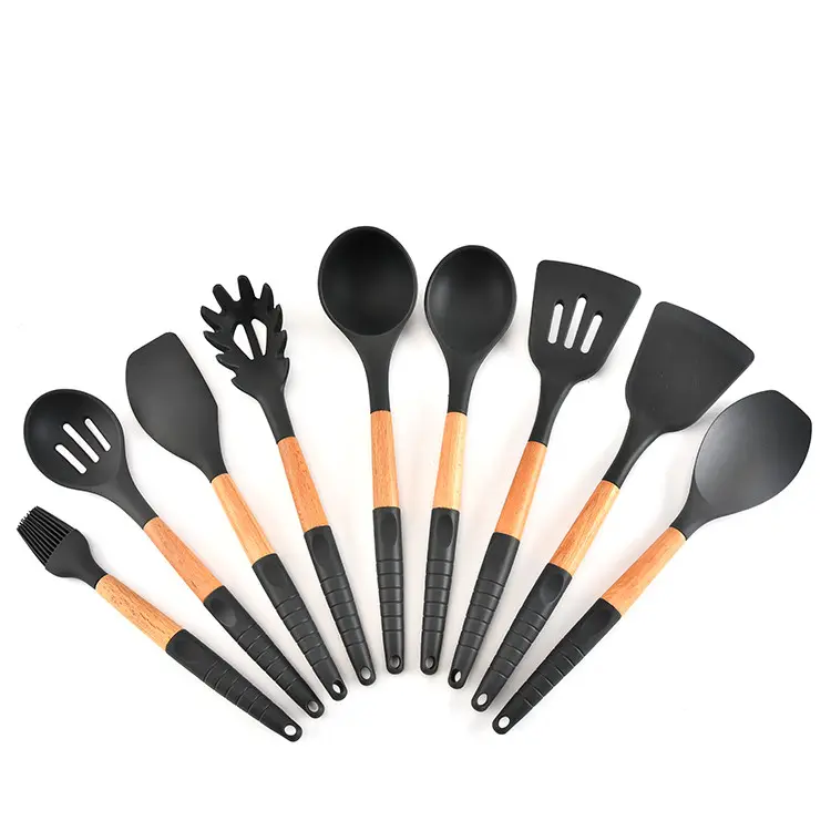 Utensílios de cozinha resistente ao calor, conjunto com 9 peças de silicone, utensílios de cozinha com cabo de madeira de acácia