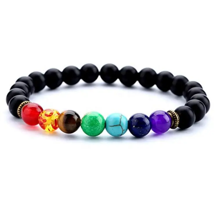 Mode Chakra Stone Elastische Armband Matte Zwarte Agaat Genezing Balanceren Ronde Yoga Kralen