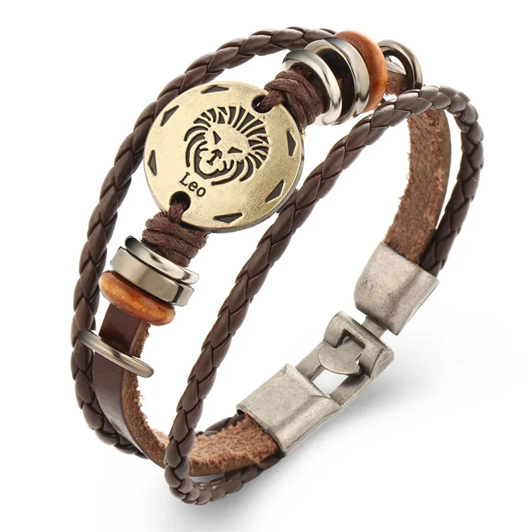 Fashion Jewelry Punk Rock Lovers Adjustable Leather Bracelets 12 Zodiac Signs Bracelet