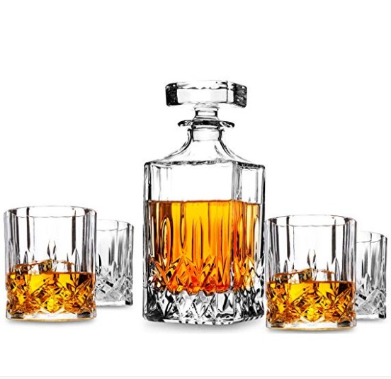 5-Piece Lead-Free Crystal Whiskey Decanter Set Scotch Carafe with 4 Old Fashioned Cocktail Glasses for Drinking