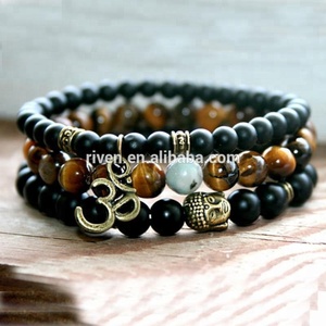 SN0863 3 pz/set Mala perline curative occhio di tigre opaca onice Yoga bronzo Buddha Om bracciale da polso per gli uomini - Product Image 1