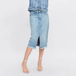 Denim skirt with frayed hem long bleach wash fancy design women ladies skirts