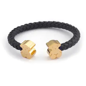 Bracelet en forme d'ours en acier inoxydable pour femme, poignets en cuir tressé, personnalisé, offre spéciale,