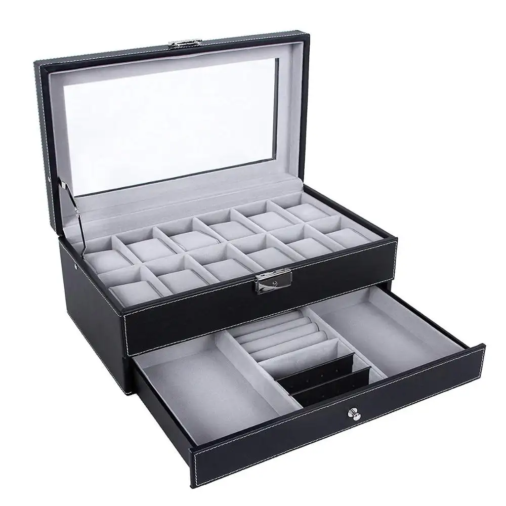 Popular real Real Glass Top Black Faux Leather 12 Slots Watch Box Mens Watch Organizer Lockable Jewelry Display Case