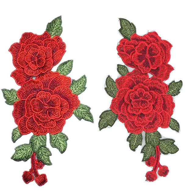 アップリケに2個の赤い花の花のレース刺Embroideryパッチモチーフトリム縫う/鉄