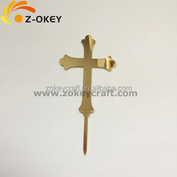 Espejo acrílico dorado con mango para decoración de fiestas, decoración de pasteles con forma de cruz cristiana