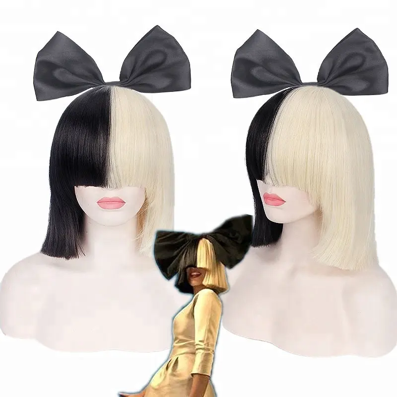 Wholesale 35cm Short Straight Sia Wig Cosplay Half Blonde And Black Synthetic Hair Wigs For Women With Bow