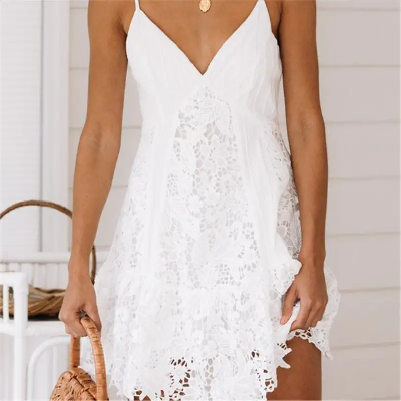 2019 summer new lace stitching sexy suspender lace dress