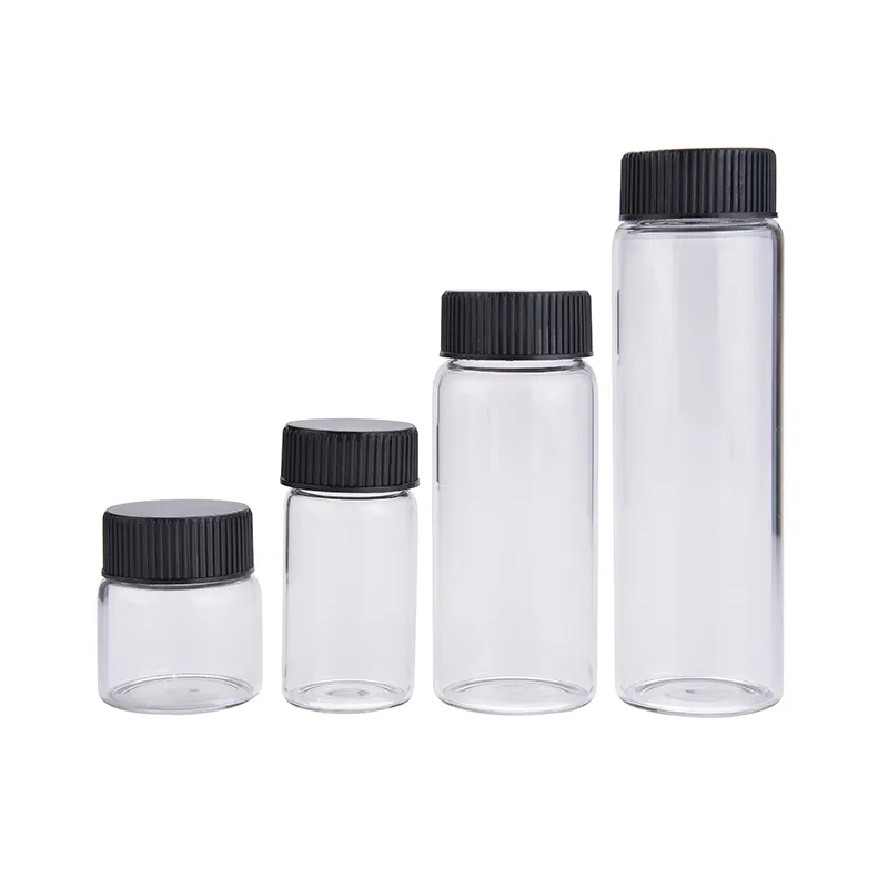 Bouteille en verre transparent avec bouchon à vis noir, flacon tubulaire en verre, 20ml, 25ml, 60ml, 90ml