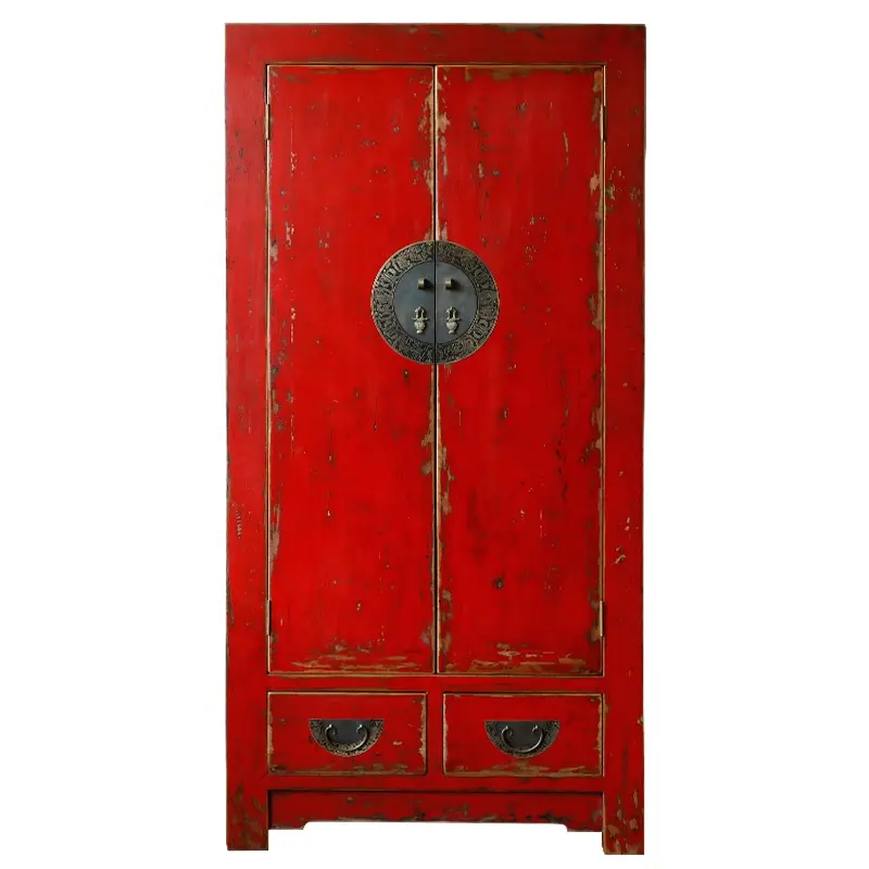 Rustikalen antiken finish Chinesischen reproduktion möbel klassische angepasst möbel kleiderschrank China traditionellen schrank red