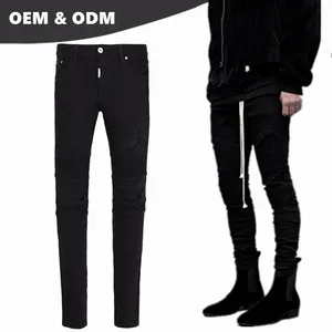 OEM marca propia dañado jeans para hombres, precio de la venta al por mayor modelo negro biker jeans motocicleta pantalones 06