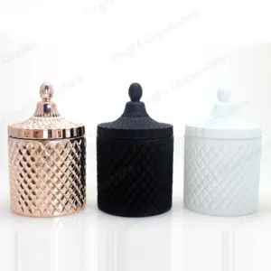 定制玻璃蜡烛容器，黑色/金色/白色钻石玻璃蜡烛罐与装饰盖