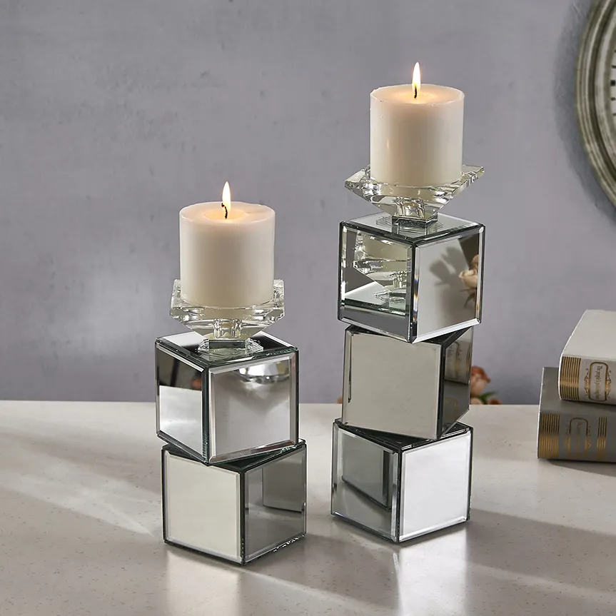 Portavelas de cristal para decoración de boda, soporte rectangular con espejo alto, OEM