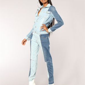 Nuevo diseño mujeres <span class=keywords><strong>Denim</strong></span> Romper Lapel Botón de manga larga roto azul mono - Product Image 6
