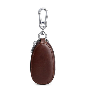 Capa de couro genuíno para chave de carro, porta-chaves vintage em formato oval com 2 zíperes