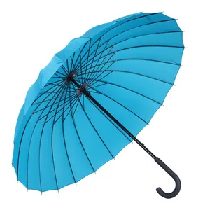 hot selling 24 inches manual 24 ribs big size strong windproof sky blue color J handle rain stick umbrella straight umbrellas