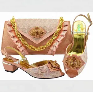 KB8538 Fashion african shoes and bags to match italian peach color shoes beaded shoes and bag set for wedding