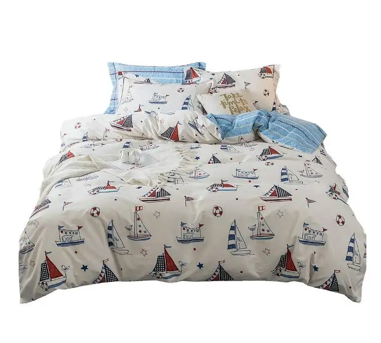 Cotton Kids Cartoon Duvet Cover Set Queen Size Nautical Sailboat Yacht Crinkle Pattern Printed Blue Comforter Cover Full for Tee