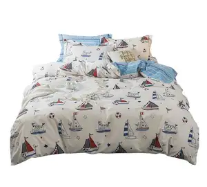 Cotton Kids Cartoon Duvet Cover Set Queen Size Nautical Sailboat Yacht Crinkle Pattern Printed Blue Comforter Cover FullためTee