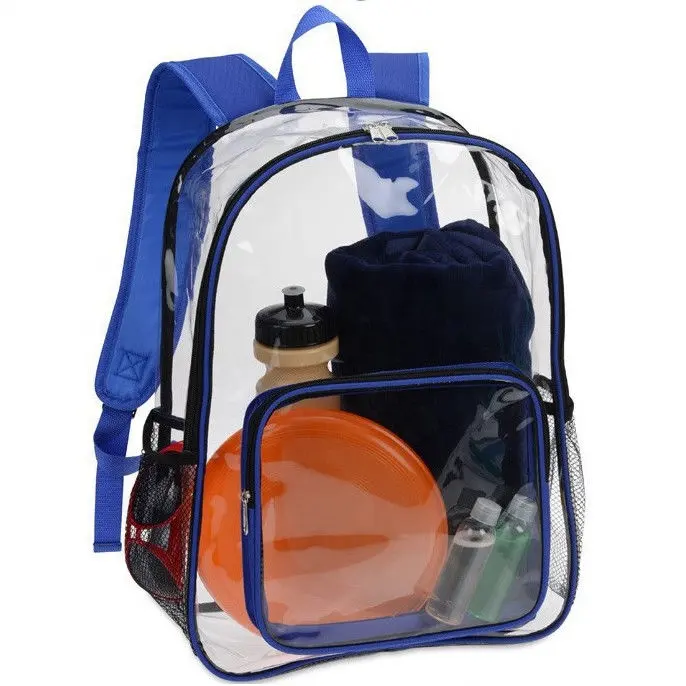 Personnalisé imprimé bleu garniture de couture unisexe mode clair transparent voir à travers le sac à dos scolaire