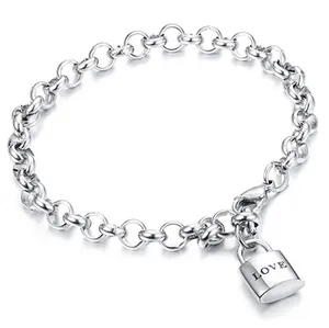 Newly Design Charm Bracelet Women Men Stainless Steel Heart Lock Link Chain Bracelet