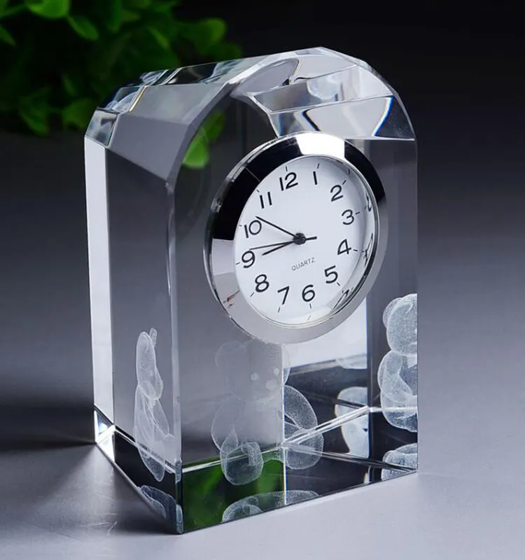 Customer LOGO Laser Engraving Crystal Cube Table Clock