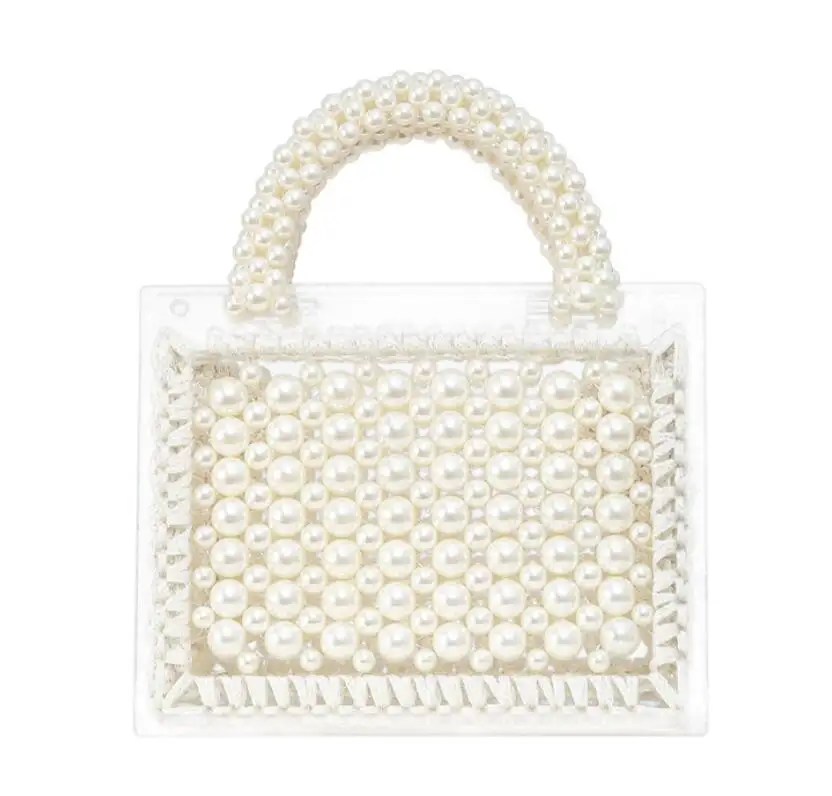 Luxury designer pearl bag clear transparent acrylic beaded box totes bag women party vintage woven handbag 2020 white pink