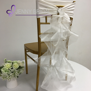 C308 cheap white organza ruffles stretch wedding chair cover sashes with buckle