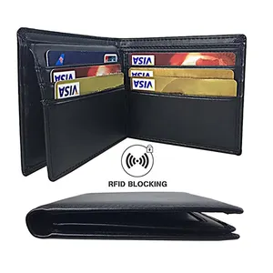 Mens Personalizzato Private Label RFID Protezione Reale del Cuoio Genuino Vera Pelle di Carta di Credito 3 Fold RFID Blocco della carta Del Raccoglitore