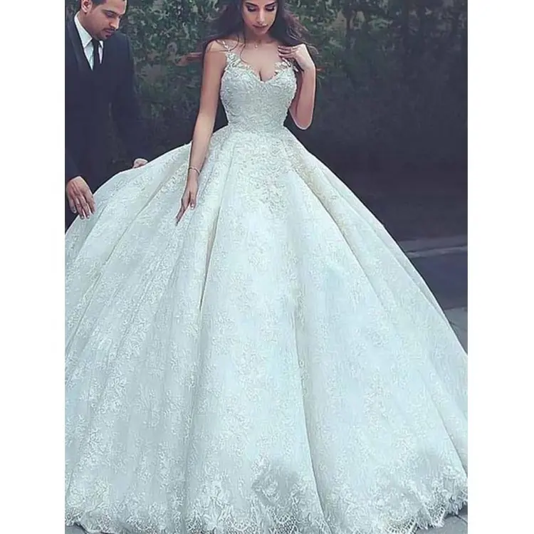 Estilo Europeo cintura imperio moderno Cenicienta blanco bola vestido boda vestidos