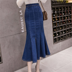 Nuova <span class=keywords><strong>gonna</strong></span> in denim traspirante lavorata all'uncinetto, primavera autunno 2019, con <span class=keywords><strong>balze</strong></span>, casual, <span class=keywords><strong>a</strong></span> coda di pesce, <span class=keywords><strong>lunga</strong></span>, con spacco laterale, naturale - Product Image 3