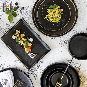 Nordic Minimalist Style Ceramic Hot Sell <strong>Black</strong> Matte <strong>Black</strong> <strong>Dinner</strong> <strong>Set</strong> with Golden Rim - Product Image 2