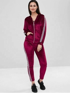 Sports Wine Red Stripe Side <strong>Jacket</strong> and Jogging Pants <strong>Velvet</strong> Trendy Tracksuits for <strong>Women</strong> - Product Image 3