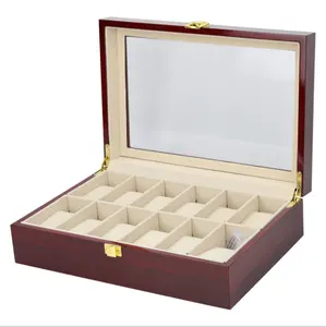 12 khe cắm màu đỏ gỗ gụ Glossy sơn mài đồng hồ bằng gỗ lưu trữ hiển thị Organizer Box trường hợp