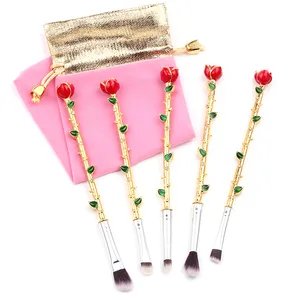 Mini juego de brochas de maquillaje profesional, De La Bella y La Bestia, de marca privada, conjunto de almacenamiento de brochas de maquillaje con flor rosa