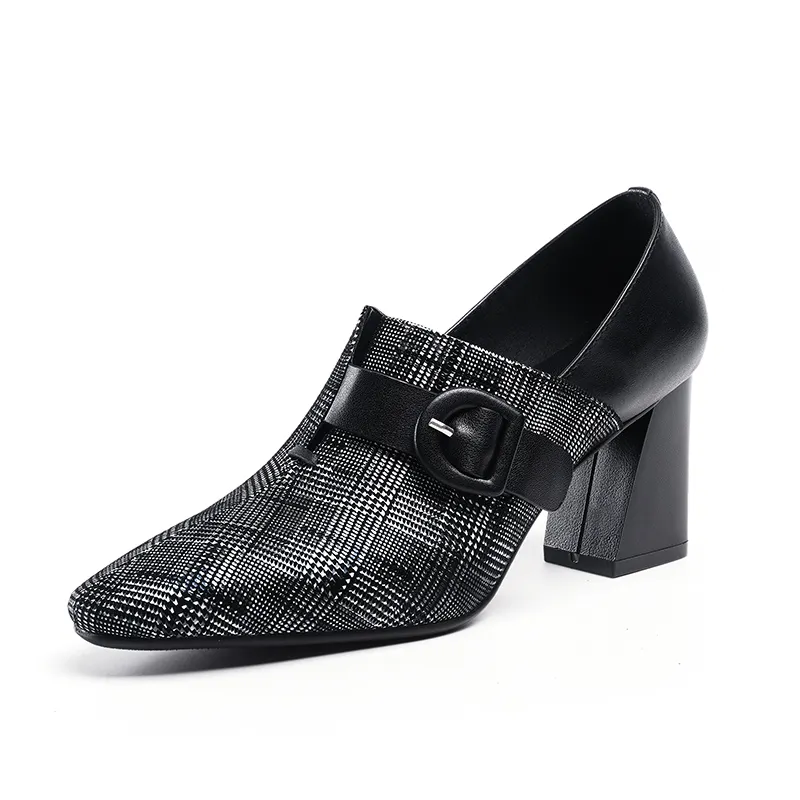 Universe J029 High Quality Checkered Handmade Sheepskin Black Thick Heels Buckle Gentle Loafers For Women Ladies Dress Shoes