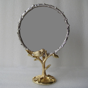 Silver Gold Plating Birds on Branch Design 6x6 Inches Round Metal Framed <strong>Tabletop</strong> Glass <strong>Mirror</strong> - Product Image 2