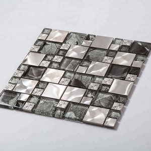 Souls <strong>Crafts</strong> Modern Square Crystal Glass Metal <strong>Mosaic</strong> <strong>Tile</strong> Parquet Design Glossy Finish Silver + Black 305x305mm 2mm Joint Hotel - Product Image 3