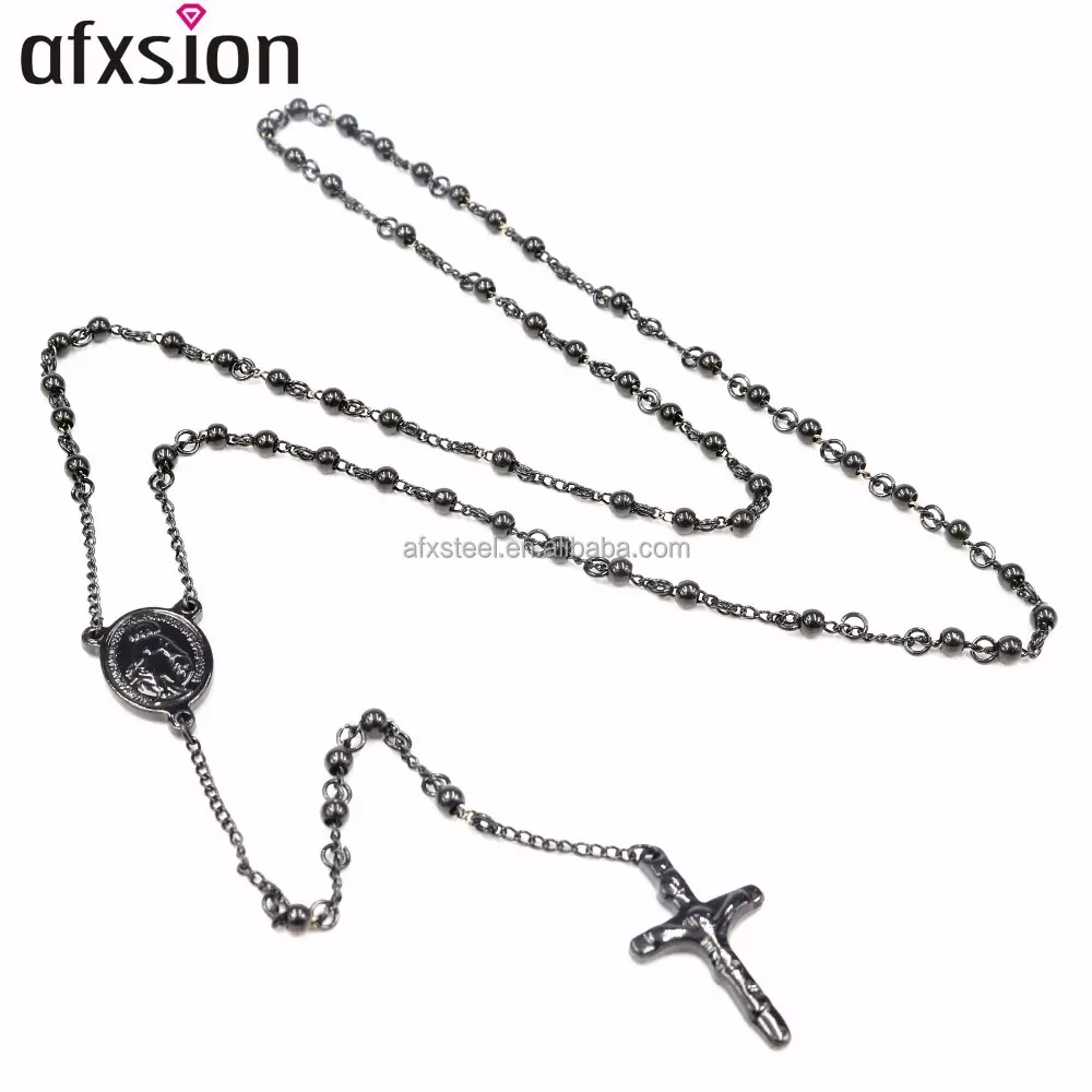 Religion Maria Collier de Bijoux En Acier Inoxydable, Plaqué Noir 4mm perles de Chapelet En Acier Inoxydable Croix Collier