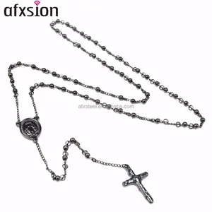 宗教玛丽亚不锈钢首饰项链，黑色镀 4毫米珠不锈钢念珠十字架项链